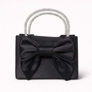 NWT Black Bow Ribbon Coquette Handbag w/ Silver Rhinestone Handle